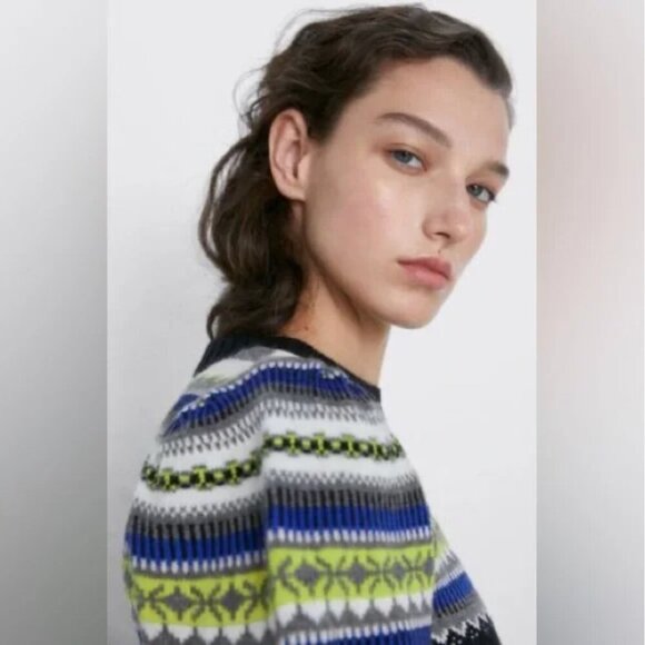 ZARA NEW WOMAN JACQUARD KNIT SWEATER PUFF SLEEVES CROPPED Size M NWT - Picture 6 of 9